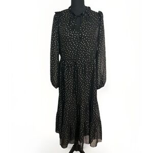 Julia‎ Jordan Black Dress Gold Polka Dot Semi Sheer Long Sleeve Midi Dress 2